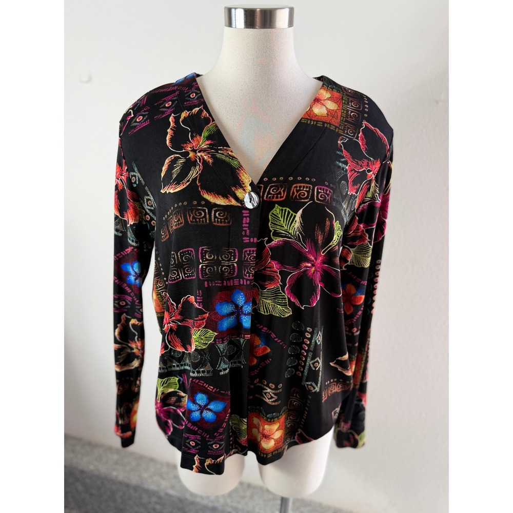 Chicos Travelers Womens Large One Button Cardigan Black Tropical Floral Tribal